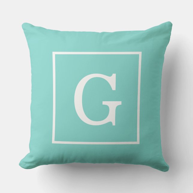 Coussin Monogramme Initial Cadre Blanc Turquoise Aqua (Recto)