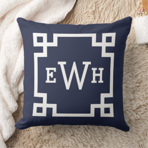Coussin Monogramme Initial Clé Grecque Bleu Minuit
