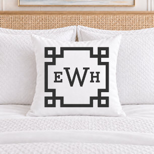 Coussin Monogramme Initial Clé Grecque Noir Blanc Classiqu