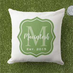 Coussin Monogramme Initial de Famille Vert Élégant