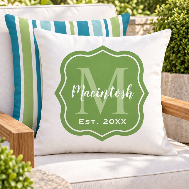 Coussin Monogramme Initial de Famille Vert Élégant (Créateur téléchargé)