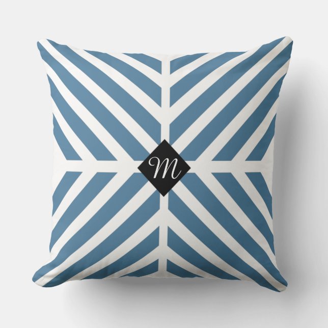 Coussin Monogramme initial des rayures diagonales bleues m (Recto)