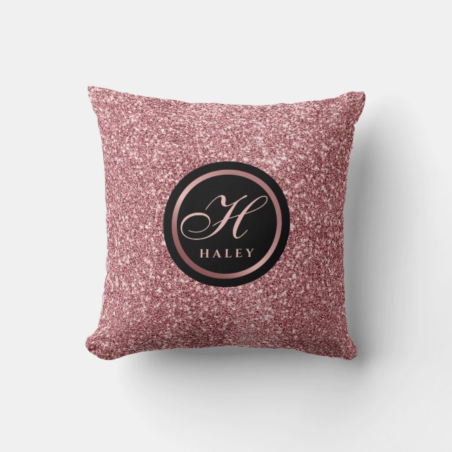 Coussin Monogramme Initial Effet Pailleté Or Rose Élégant (Recto)