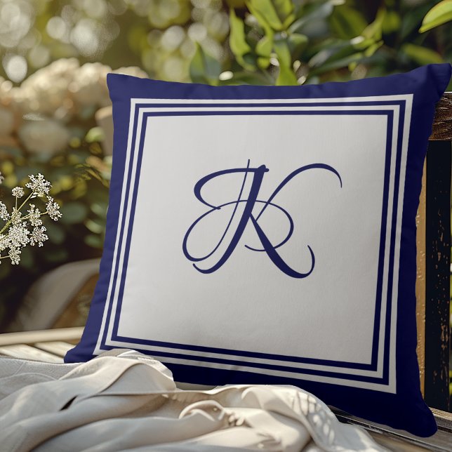 Coussin Monogramme initial élégant à motif carré bleu gris (Créateur téléchargé)
