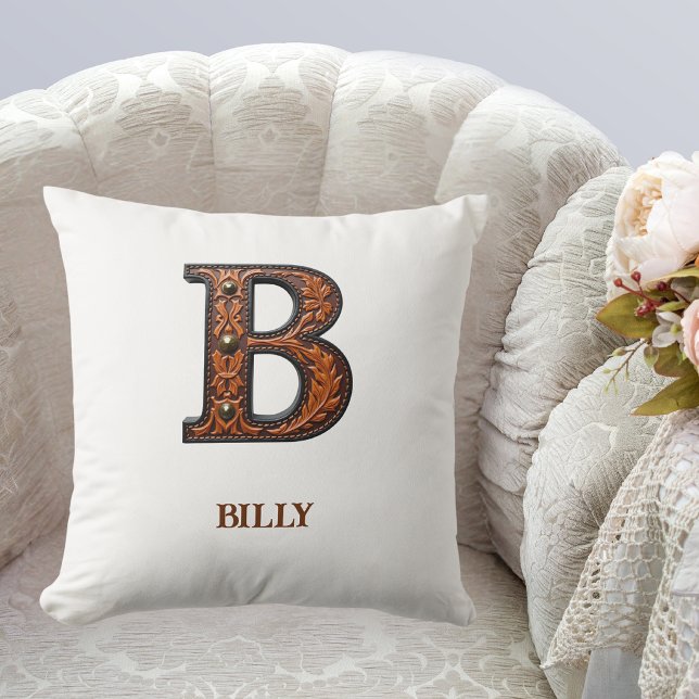 Coussin Monogramme Initial en Cuir Occidental Travaillé B (Créateur téléchargé)