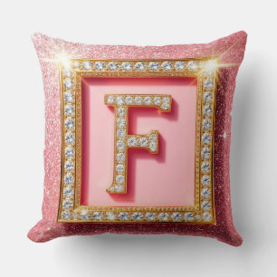 Coussin Monogramme initial F diamant pailleté rose cadre o