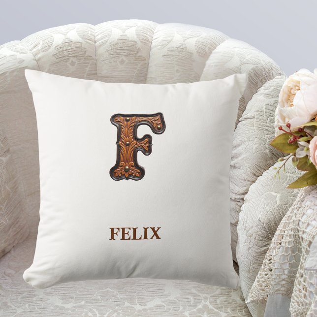 Coussin Monogramme initial F en cuir western travaillé (Créateur téléchargé)