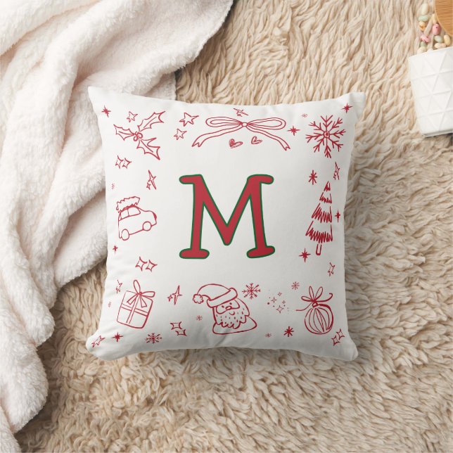 Coussin Monogramme Initial Festif de style Dessin à la Mai (Couverture)
