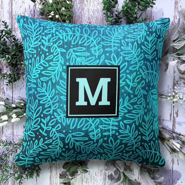 Coussin Monogramme initial feuille turquoise motif moderne (Créateur téléchargé)