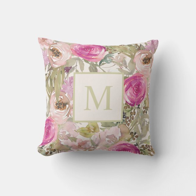 Coussin Monogramme Initial Floral Aquarelle Rose   (Recto)