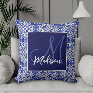 Coussin Monogramme Initial Géométrique Gris Bleu Élégant