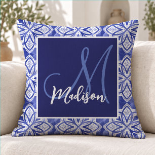 Coussin Monogramme Initial Géométrique Gris Bleu Élégant