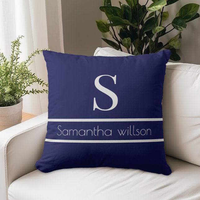 Coussin Monogramme Initial Gris Navy Élégant (Créateur téléchargé)