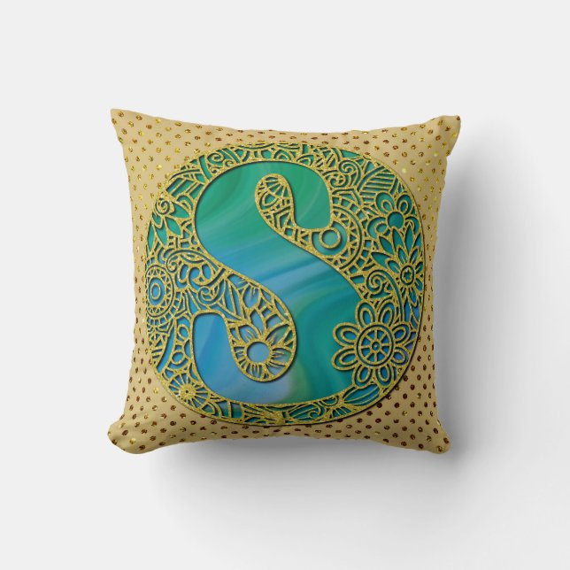 Coussin Monogramme Initial Moderne Lettre Dorée et Turquoi (Recto)