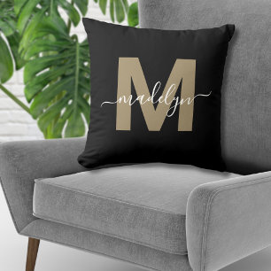 Coussin Monogramme Initial Nom Élégant Noir Or