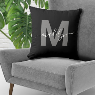 Coussin Monogramme Initial Nom Personnalisé Noir