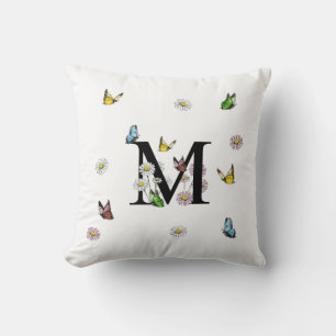 Coussin Monogramme initial papillon floral lettre M 