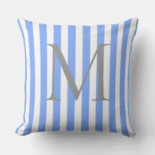 Coussin Monogramme Initial Personnalisé à Rayures Bleues