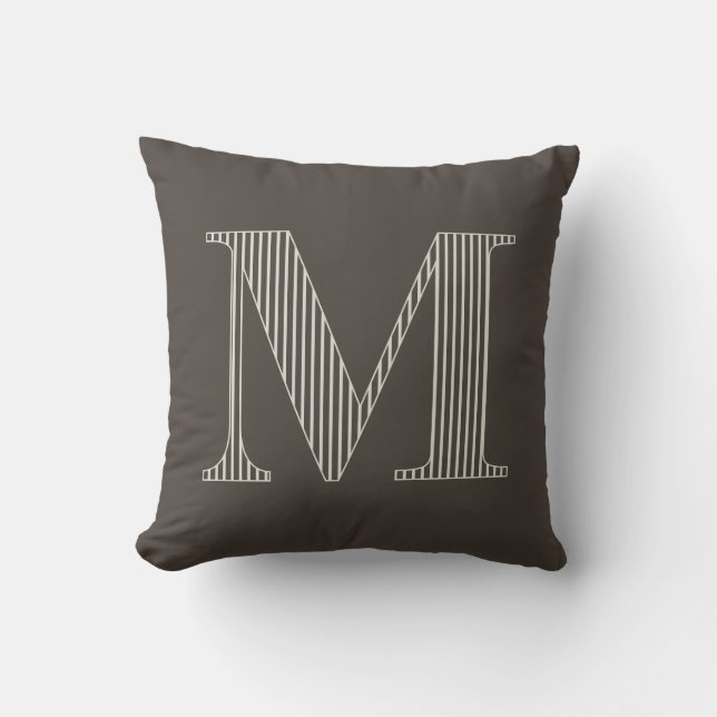 Coussin Monogramme Initial Personnalisé Moderne Brun Rayé (Recto)