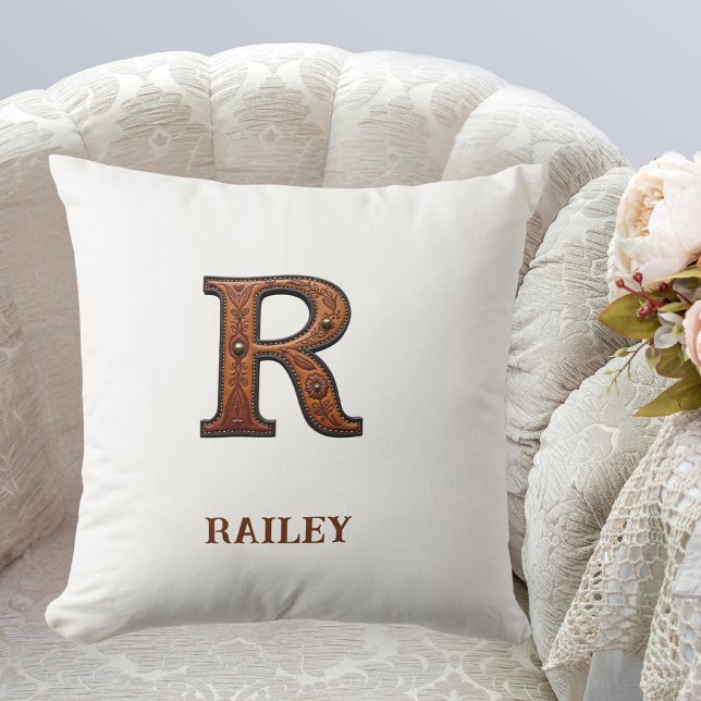 Coussin Monogramme initial R en cuir western travaillé (Créateur téléchargé)