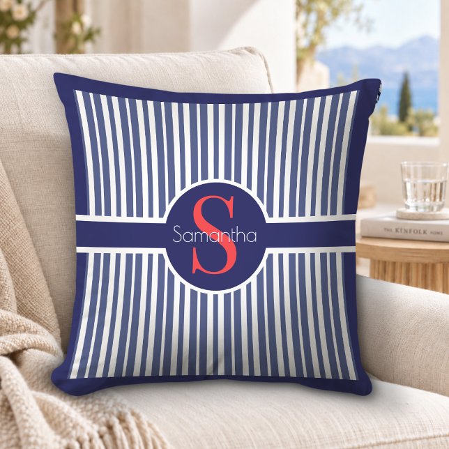 Coussin Monogramme Initial Rayé Élégant Navy Rouge (Créateur téléchargé)
