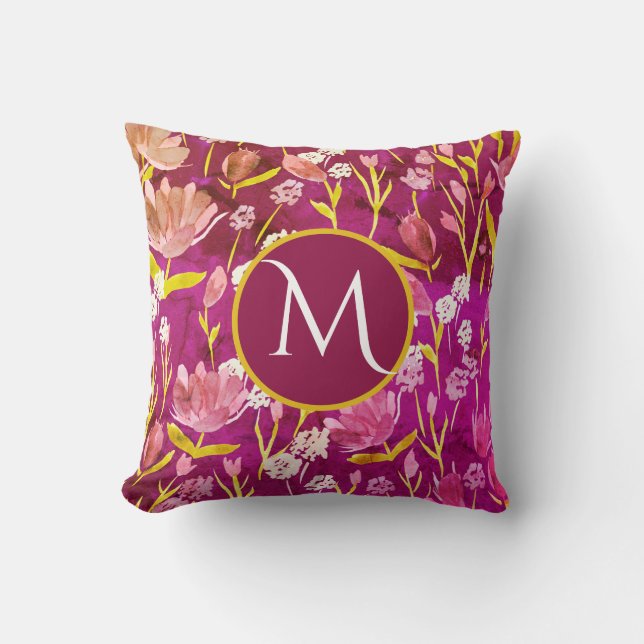 Coussin Monogramme initial romantique Bourgogne florale (Recto)