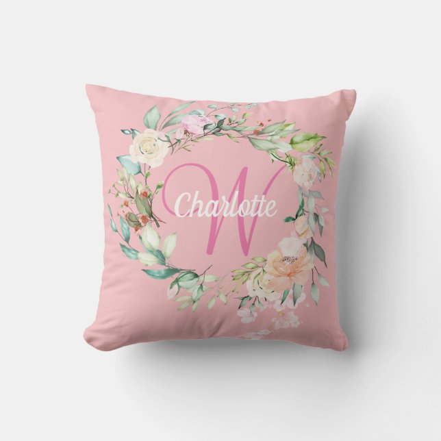 Coussin Monogramme Initial Rose Fleurie Rose Féminin Douce (Recto)