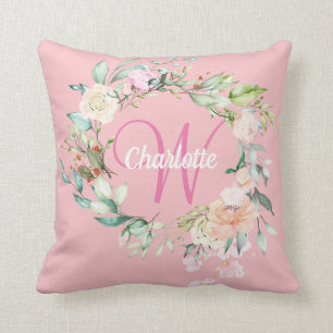 Coussin Monogramme Initial Rose Fleurie Rose Féminin Douce