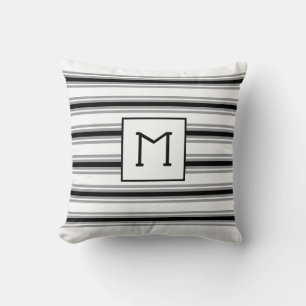Coussin Monogramme initial sur fond blanc rayé de gris noi