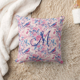 Coussin Monogramme initial Toile rose Bleu Oiseaux floraux