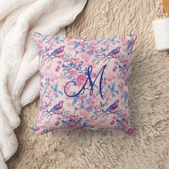 Coussin Monogramme initial Toile rose Bleu Oiseaux floraux (Couverture)