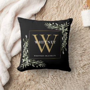 Coussin Monogramme initiale de flore de verdure moderne or
