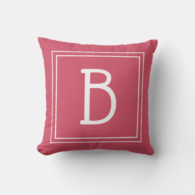 Coussin Monogramme initiale encadrée chic rose chaud et bl (Recto)