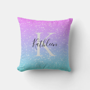 Coussin Monogramme Initiale Nom Rose Bleu Étincelle Fémini