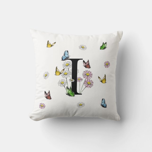 Coussin Monogramme initiale papillon floral lettre I (Recto)