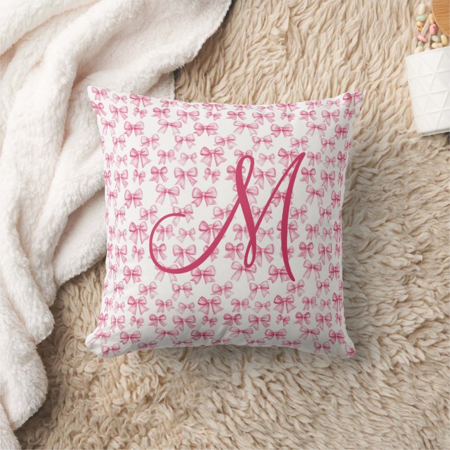 Coussin Monogramme Initiale Rose Ruban Coquette Esthétique (Couverture)