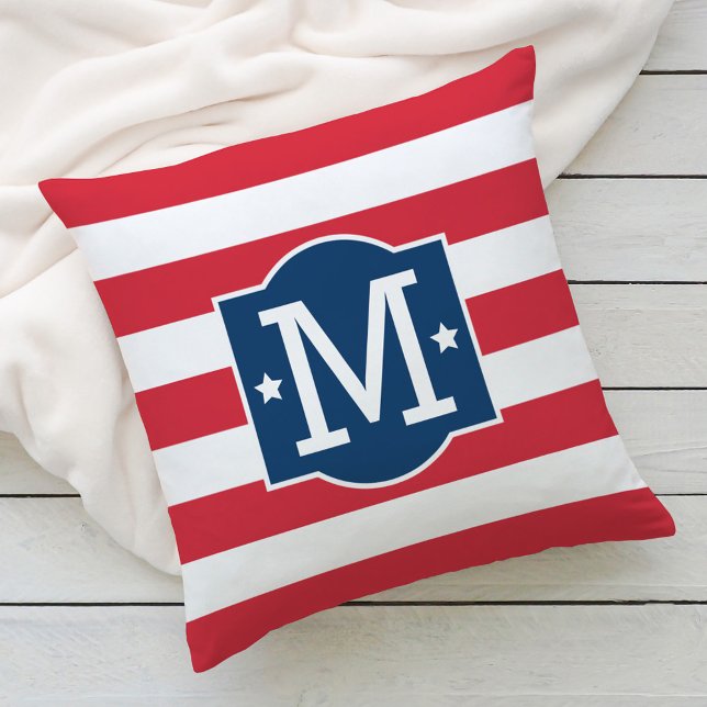 Coussin Monogramme Initiale Rouge Blanc Bleu Patriotique (Créateur téléchargé)