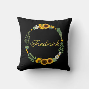Coussin Monogramme Initiales de Nom Tournesols Floral Noir