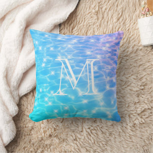 Coussin Monogramme Initiales eau bleue ondulée textures d'