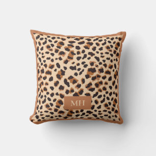 Coussin Monogramme initiales moderne motif léopard marron