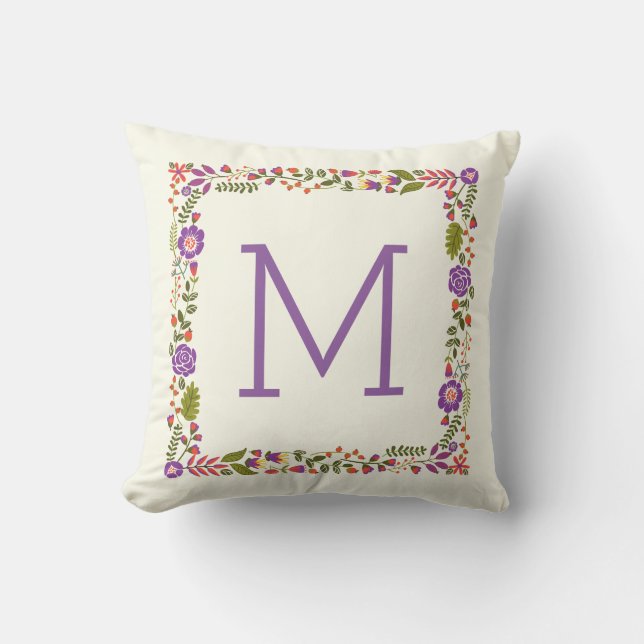 Coussin Monogramme joli ressort fleuri violet, orange (Recto)