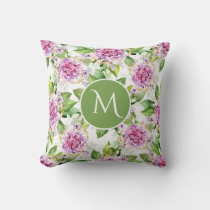 Coussin Monogramme Joli violet vert Aquarelle Florale