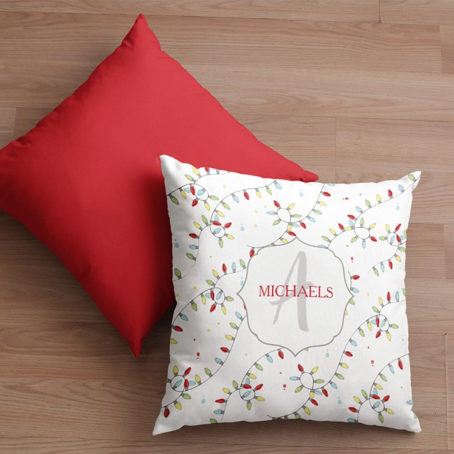 Coussin Monogramme Jour férié Chaîne Luminaires personnali (Christmas holiday string lights monogram custom throw pillow)