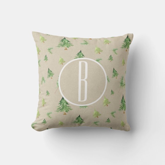 Coussin Monogramme kraft à l'aquarelle avec des pins initi (Recto)