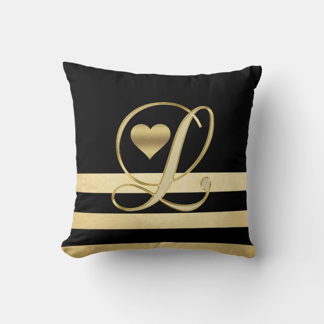 Coussin Monogramme "L" initial jet noir de coeur d'or (Recto)