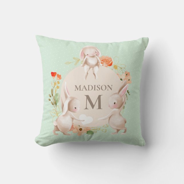 Coussin Monogramme Lapin lapins Floral Baby Personnalisé (Recto)