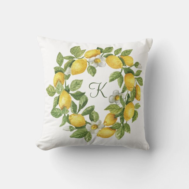 Coussin Monogramme Lemons couronne vert jaune (Recto)