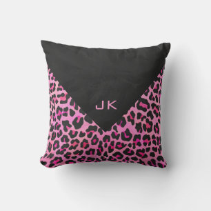 Coussin Monogramme Leopard noir et rose chaud