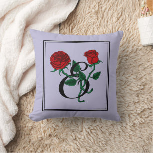Coussin Monogramme Lettre E avec Roses Rouges Violet