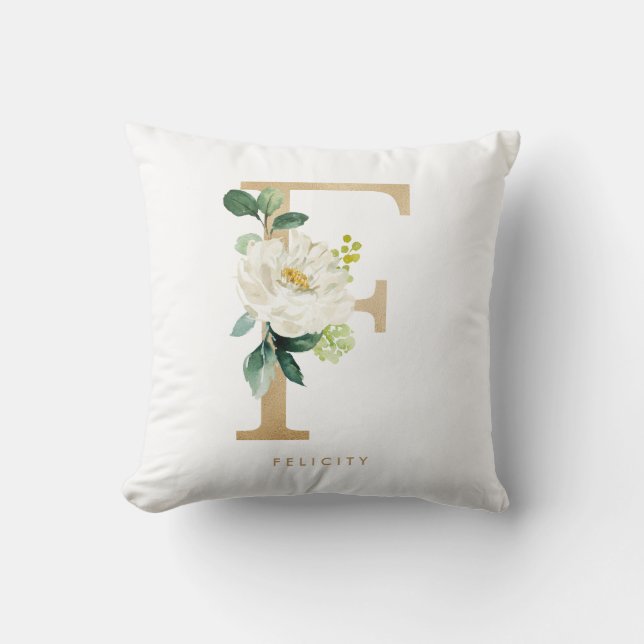 Coussin Monogramme lettre F floral en faux papier d'or (Recto)